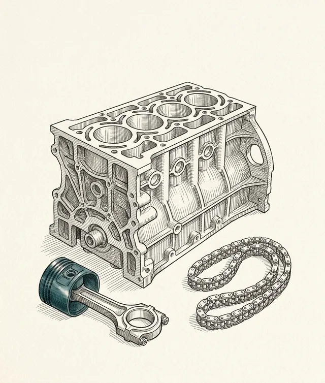 Ink drawing of an engine block, piston and timing chain