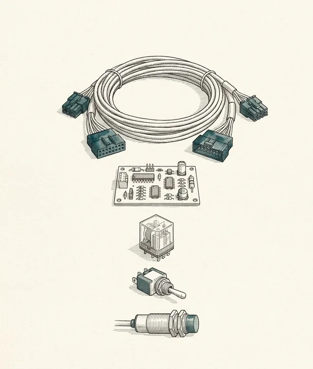 Ink drawing of a wiring harness, circuit board, relay and sensor