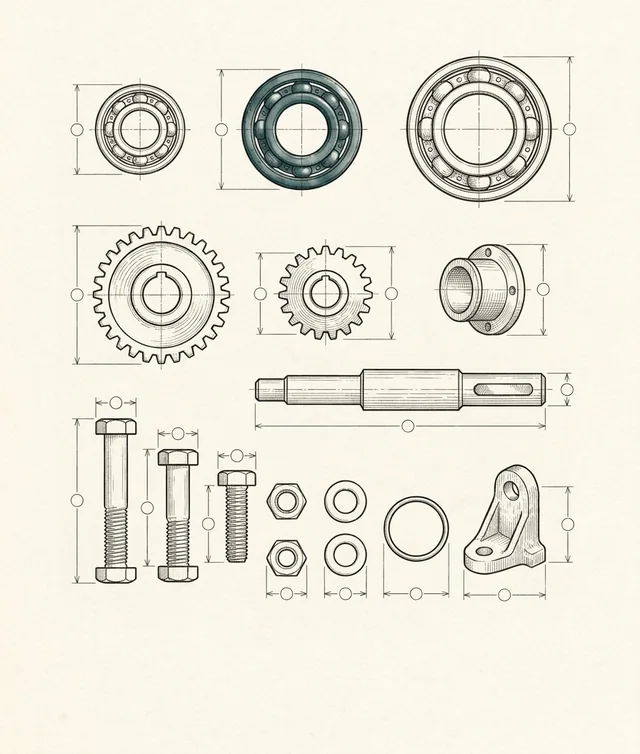 Ink drawing of a ball bearing, gear, shaft and bolts