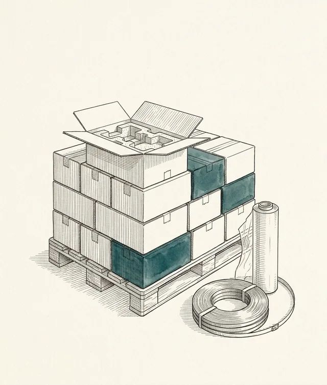 Ink drawing of a pallet of cartons, stretch film and strapping