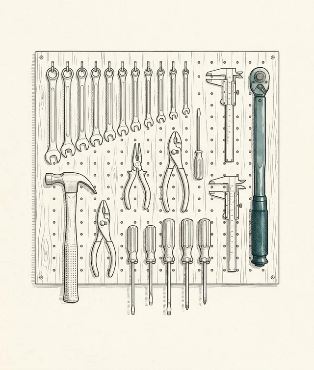 Ink drawing of a pegboard with wrenches, hammer, pliers and a caliper